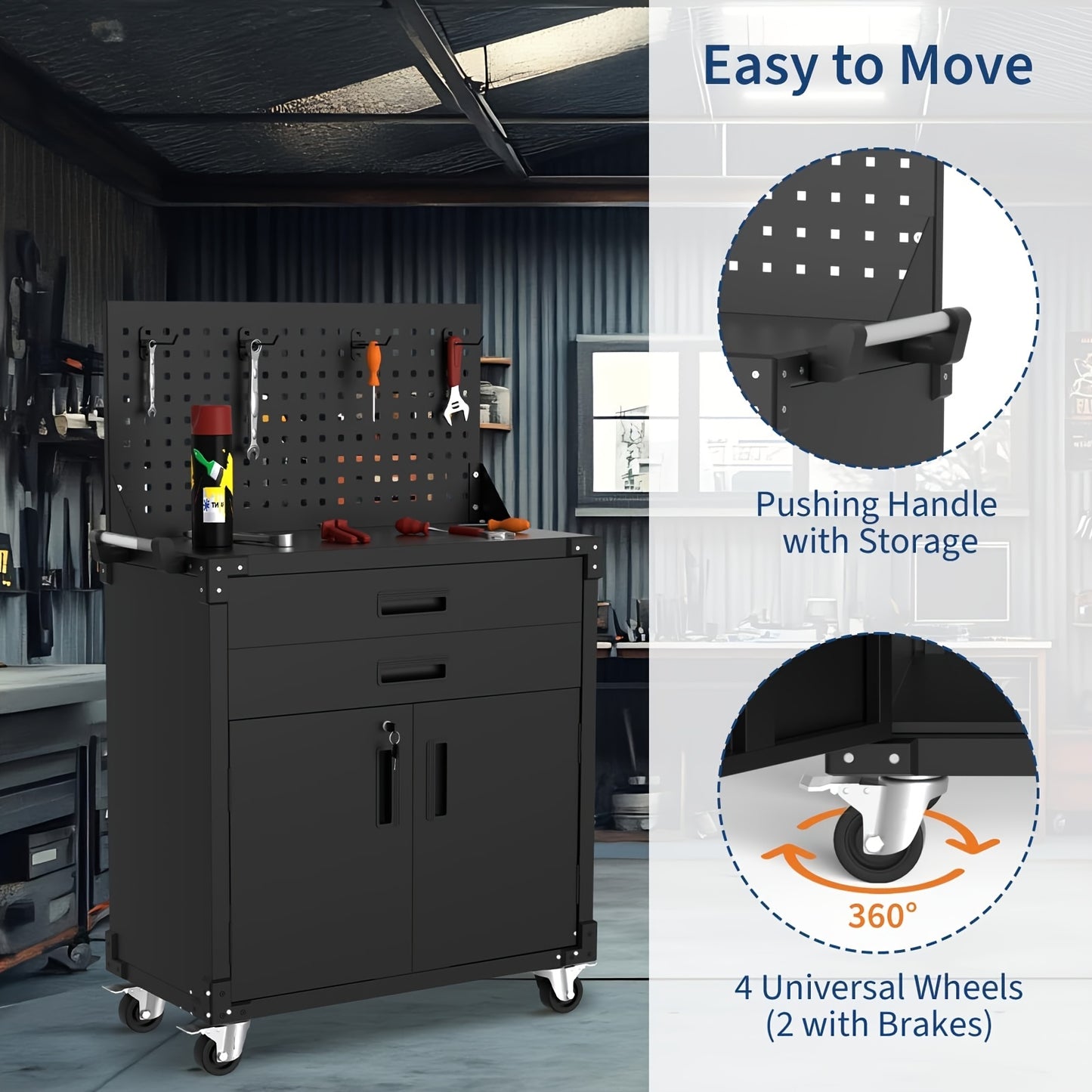 Gereedschapswagen – Werkplaatswagen – Gereedschapskast – Rolwagen – Toolcabinet – Zwaar Stalen Constructie – Verstelbare Planken & Pegboard