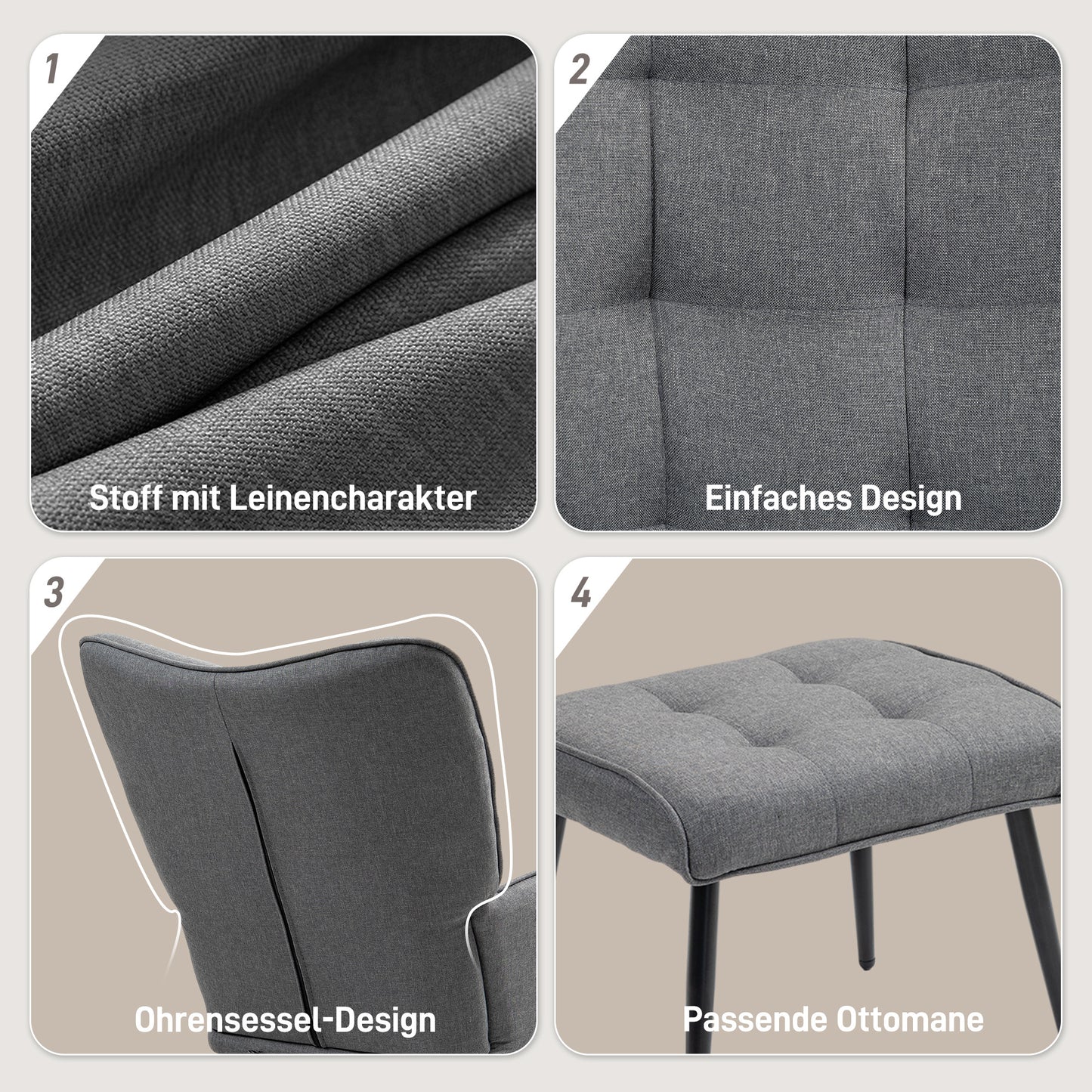 Draaifauteuil – Relaxstoel – Zithoekstoel – Lounge Stoel – Fauteuil Met Voetenbank – Donkergrijs Linnenlook – 360° Draaibaar – Max 130 kg Belastbaar