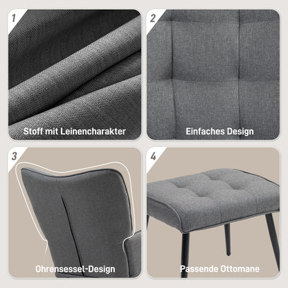 Draaifauteuil – Relaxstoel – Zithoekstoel – Lounge Stoel – Fauteuil Met Voetenbank – Donkergrijs Linnenlook – 360° Draaibaar – Max 130 kg Belastbaar