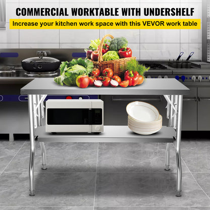 RVS Werktafel – Roestvrijstalen Werkbank – Inklapbare Werktafel – Keukentafel – Werkstation – Dubbele Plank – 122x76 cm – Draagvermogen 350 kg