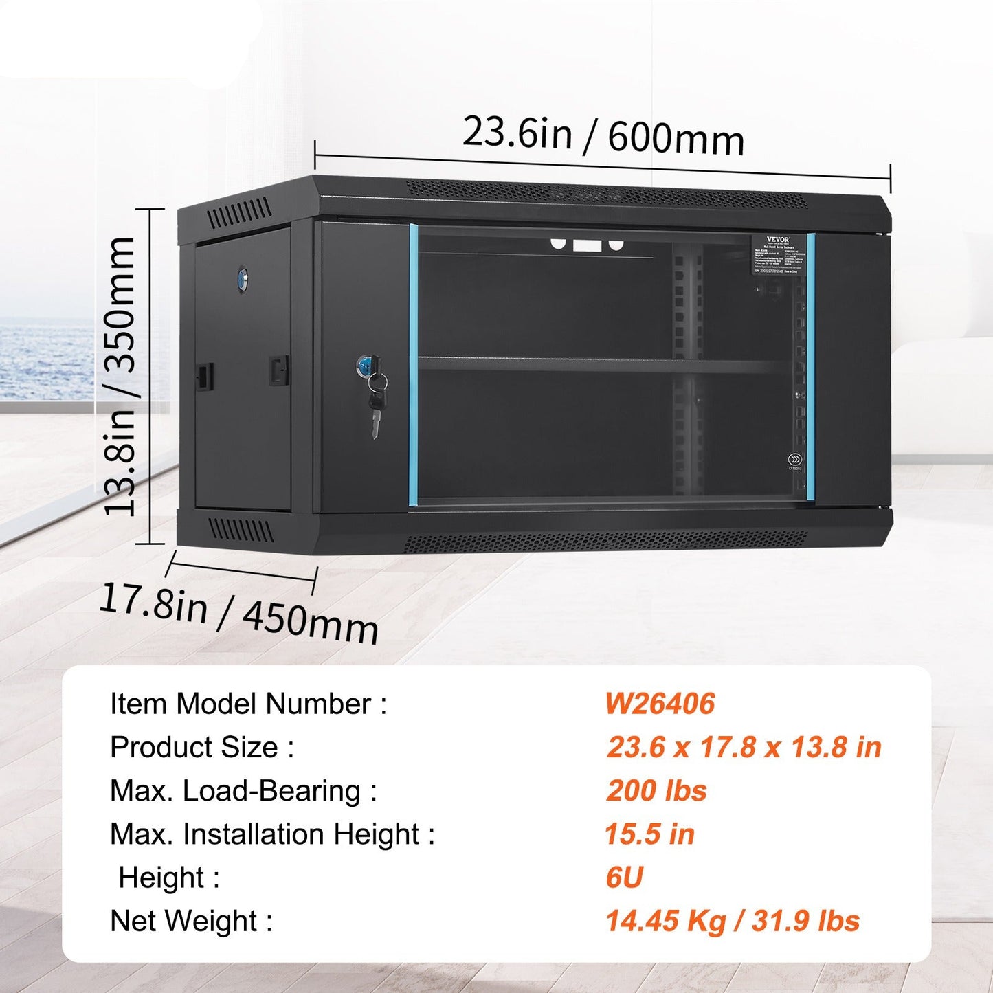 6U Wandkast – Serverkast – Netwerkserverkast – Rackkast – IT Kast – Compact Diep 39 cm – Gelaste Stalen Frame Met Glazen Deur Met Slot