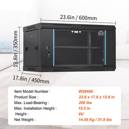 6U Wandkast – Serverkast – Netwerkserverkast – Rackkast – IT Kast – Compact Diep 39 cm – Gelaste Stalen Frame Met Glazen Deur Met Slot