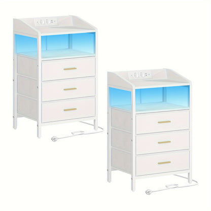 Nachtkastje – Nachtkastjes – Bedkastje – Bijzettafel – Opbergkastje – Set van 2 – LED Verlichting – Oplaadstation met USB en Stopcontacten – Modern – Zwart/Wit