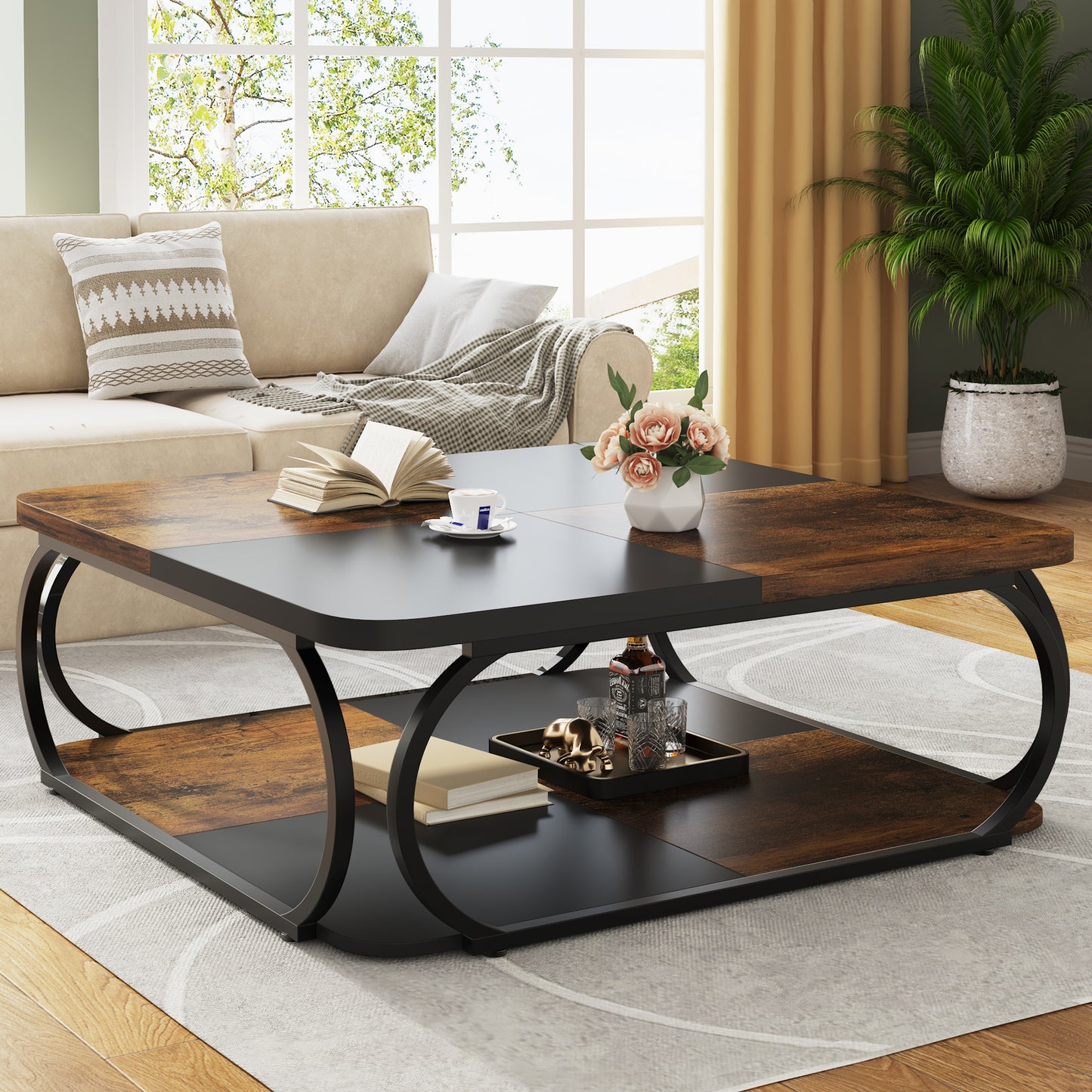 Salontafel – Woonkamertafel – Koffietafel – Bijzettafel – Salon tafel – Vierkant – Twee Verdiepingen – Metalen Frame – Donkerbruin Houten Tafelblad – Ruime Opbergruimte – Modern Landelijk Design