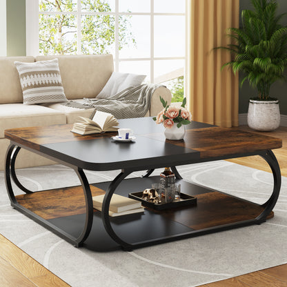 Salontafel – Woonkamertafel – Koffietafel – Bijzettafel – Salon tafel – Vierkant – Twee Verdiepingen – Metalen Frame – Donkerbruin Houten Tafelblad – Ruime Opbergruimte – Modern Landelijk Design