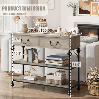 Sidetable – Wandtafel – Haltafel – Console Tafel – Bijzettafel – Smal Rustiek Grijs – Metaal Frame – 69 cm Hoogte