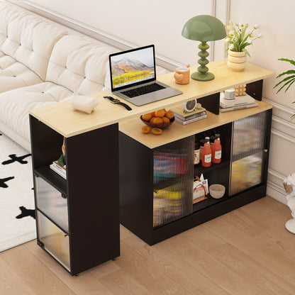 Uitschuifbare Bartafel – Bistrotafel – Hoge Tafel – Bijzettafel – Multifunctionele Tafel – Zwart Rattan Glas – 360° Draaibaar Zonder Tillen – Met Opbergruimte