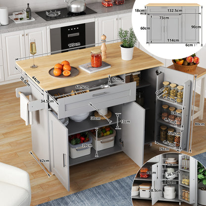 Large Mobile Kitchen Table with Foldable Countertop - Heavy-Duty Metal Construction, Space-Saving Design, 5 Casters for Easy Mobility, Modern Kitchen Island or Dining Table with Cabinet & Spice Rack - Ideal for Small Kitchens