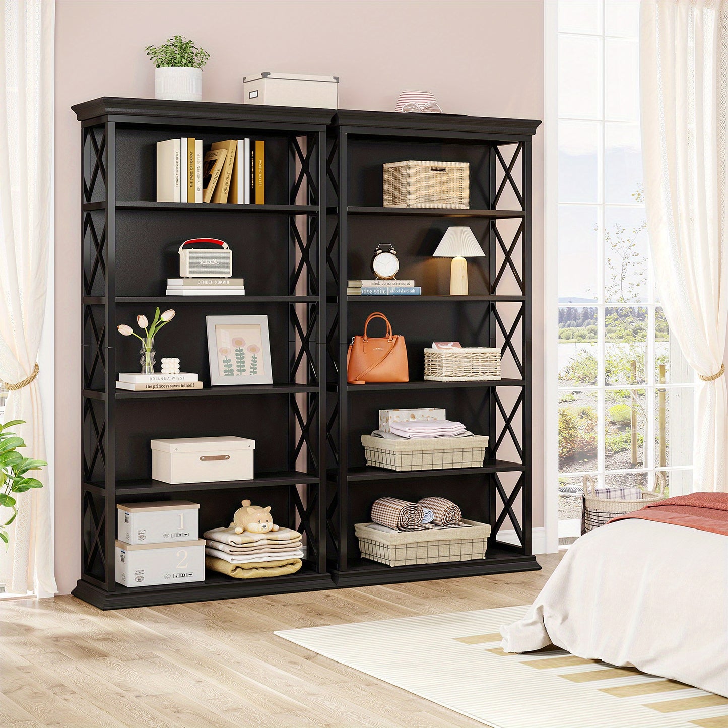 Boekenkast – Boekenplank – Vakkenkast – Opbergkast – Stellingkast – Zwart – 5 Laags – Massief Hout Met Metaal – Open Achterkant – Stevig & Compact