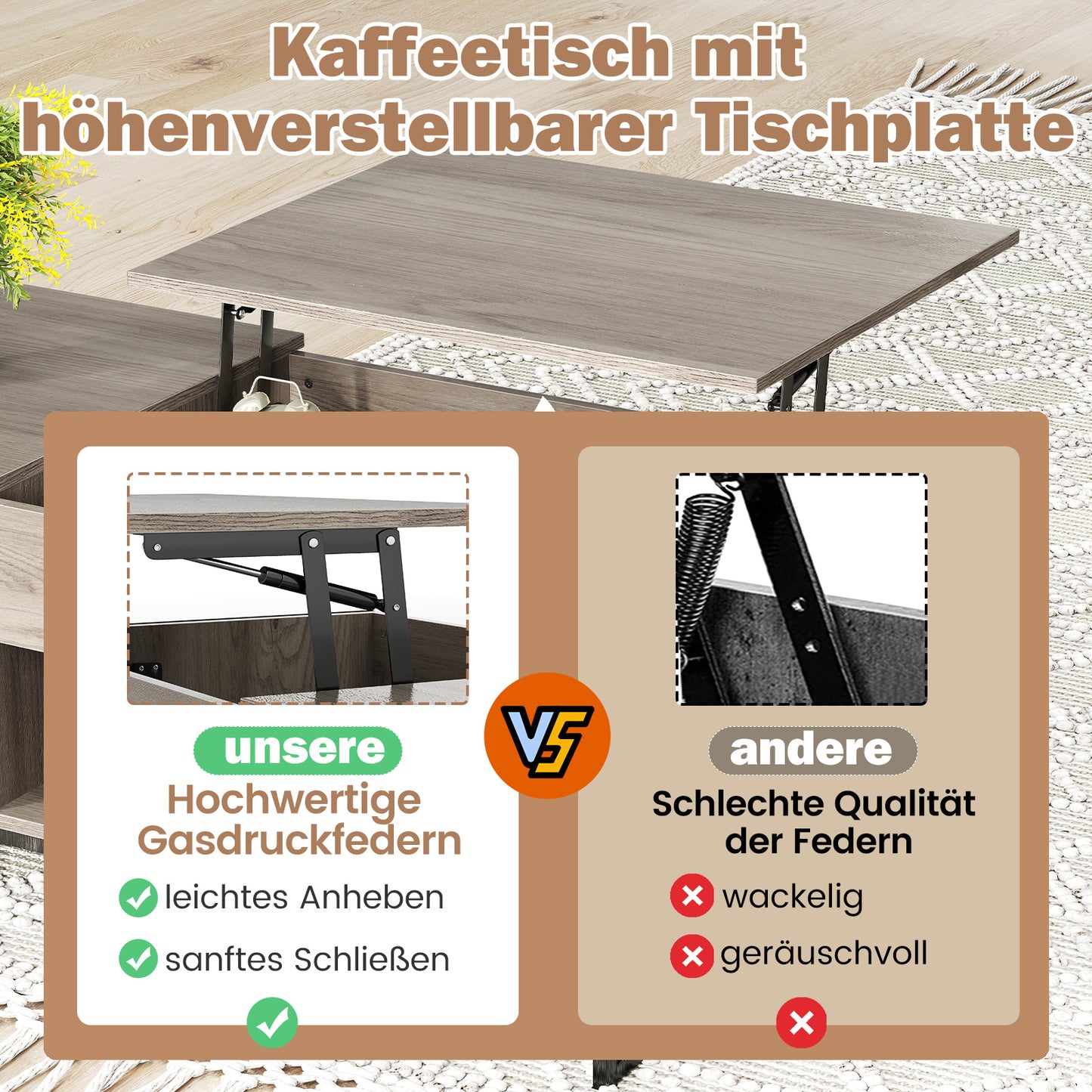 Salontafel – Coffee Table – Woonkamertafel – Tafel Met Hefblad – Verstelbare Tafel – Pneumatisch Hefmechaniek – Stil En Robuust Design – Compact 106x55x44,5 cm