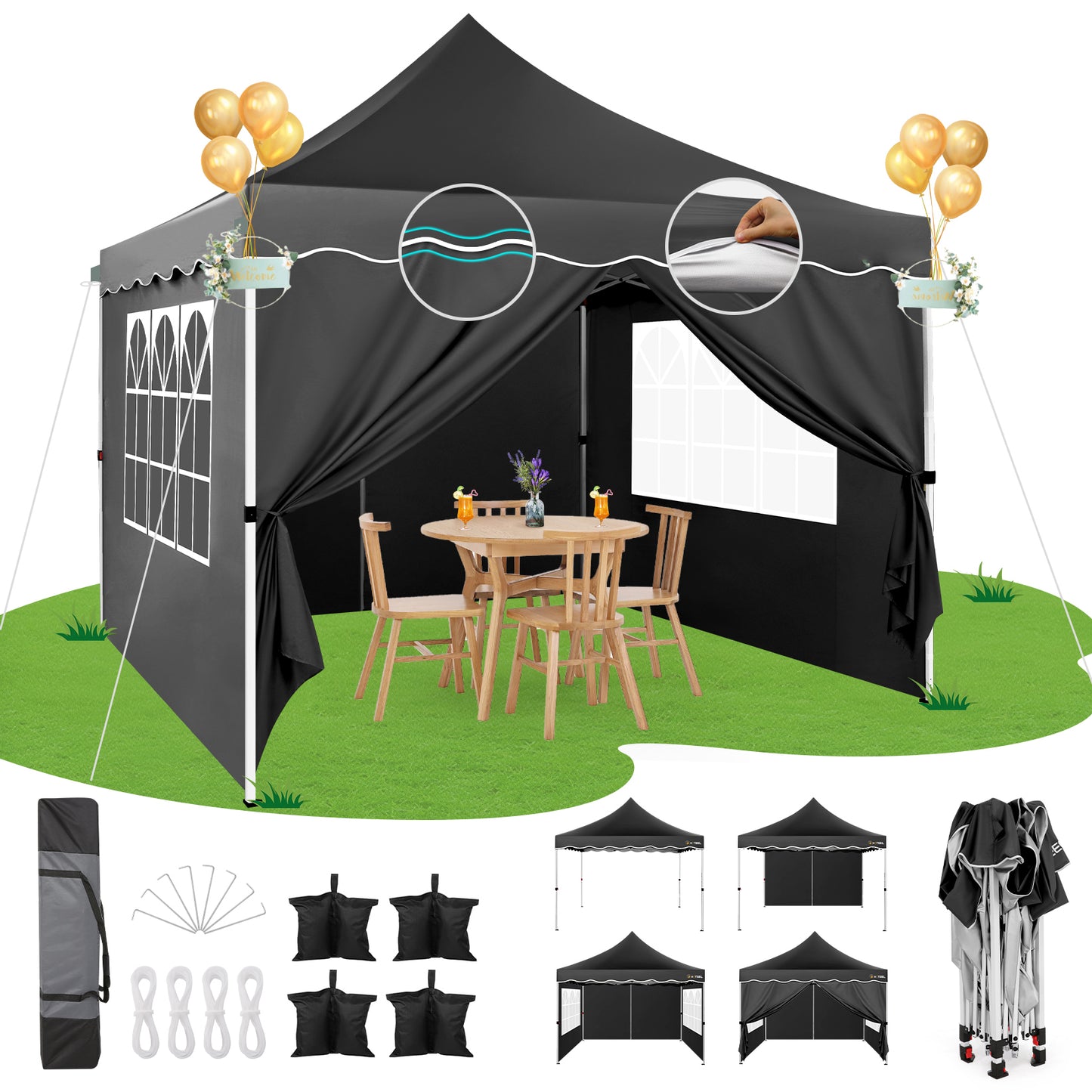 3×3m Pop-Up Portable Tent, Adjustable to 3 Heights, with 4 Removable Walls, 4 Sandbags, Carry Bag, for Picnics, Family Gatherings, Camping, BBQ, Christmas Parties