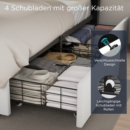 Gestoffeerd Tweepersoonsbed – Bedframe 160x200 – Opbergbed – Ladebed – Ruimtebesparend Bed – Met 4 Lades – Wit PU-Leer – Stevig Metalen Frame