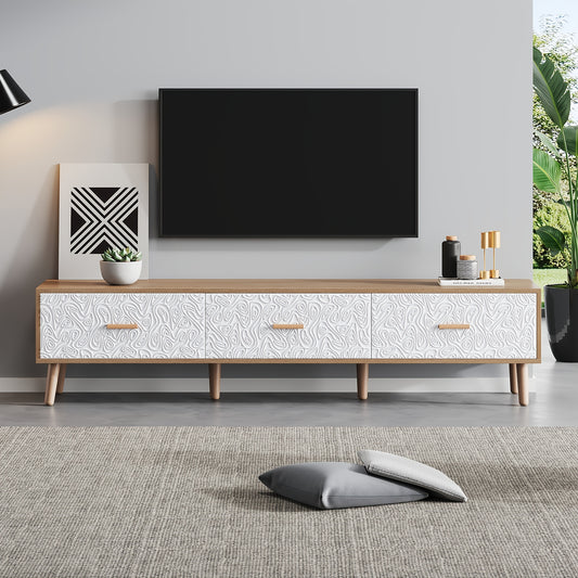 Vintage Textured White TV Stand Entertainment Center with 2 Drawers & 3.2 Cu Ft Storage - 149.86cm Wide Low Profile Wall-Mountable Cabinet for Living Room Bedroom, Assembly Required, Tv Table for Living Room, Media Storage, M