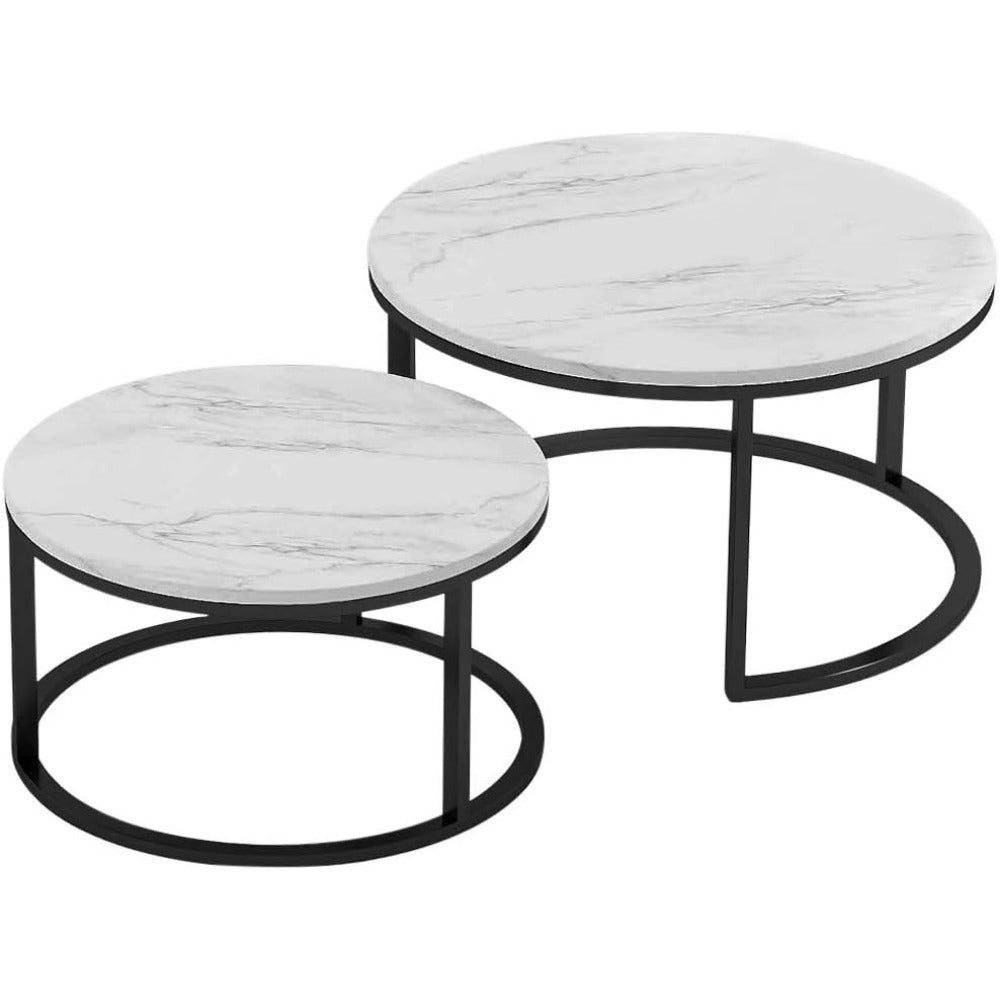 Bijzettafel – Salontafel – Koffietafel – Tafeltje – Stapelbare Tafels – Modern Design – Zwart Metalen Frame – Marmerlook Tafelblad