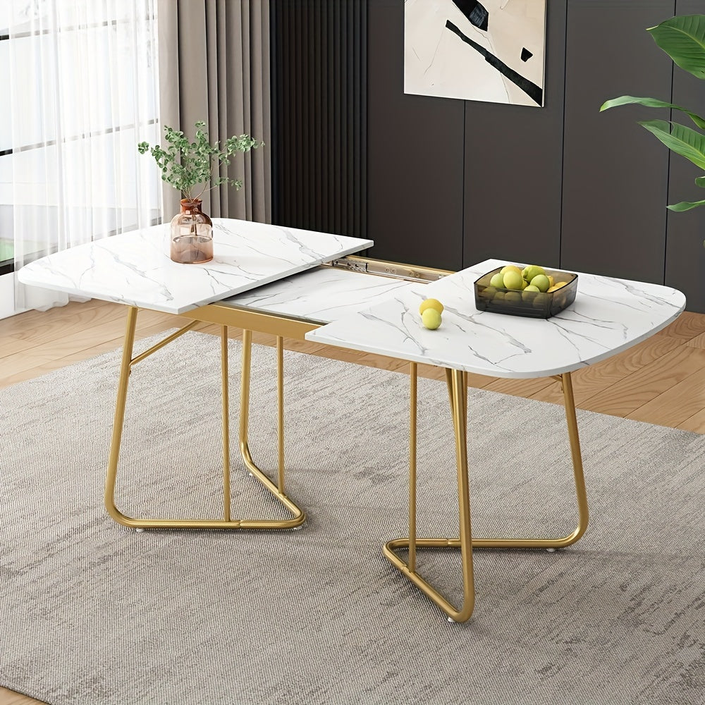 Uitschuifbare Eettafel – Uitklapbare Tafel – Verstelbare Eettafel – Marmeren Tafel – Witte Eettafel – Goudkleurige Metalen Poten – 140-180 cm Lengte – Modern Luxe Design