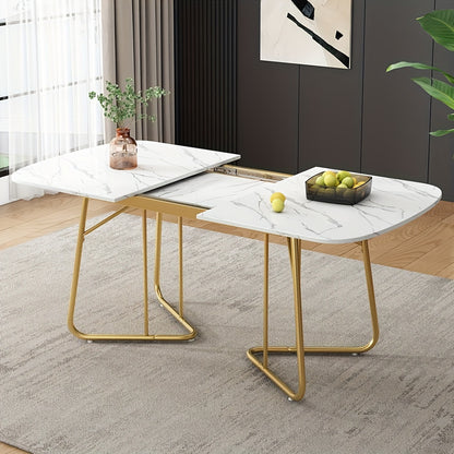 Uitschuifbare Eettafel – Uitklapbare Tafel – Verstelbare Eettafel – Marmeren Tafel – Witte Eettafel – Goudkleurige Metalen Poten – 140-180 cm Lengte – Modern Luxe Design