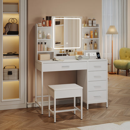 Dressing Table, With Padded Stool, HD Mirror And Adjustable LED Lights, Socket And USB, 5 Drawers, Open Storage Compartment, Simplicity, Mounted Closet Systems