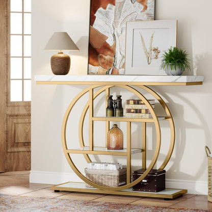 Moderne Sidetable – Console Tafel – Sofa Tafel – Haltafel – Wandtafel – Industrieel Design – 105 x 30 cm – Wit Met Gouden Accenten – 4 Treden Met Opbergruimte