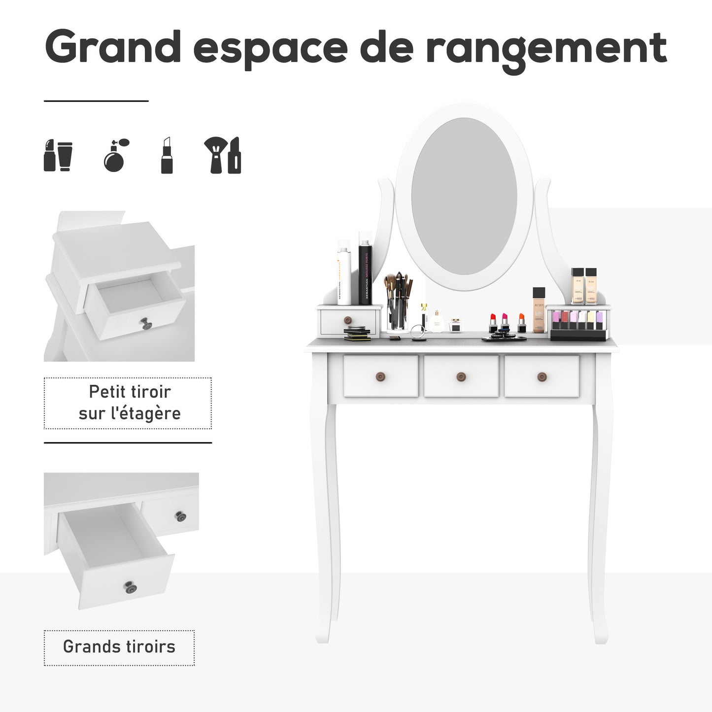 Kaptafel – Make-uptafel – Sieradentafel – Make-upmeubel – Kaptafelset Wit – 5 Ruime Laden – Massief Dennenhouten Poten