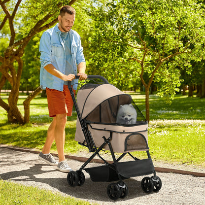 Hondenwagen – Hondenbuggy – Huisdierenbuggy – Wandelwagen – Pet Stroller – Inklapbaar – Veiligheidsharnas – Lichtbruin Stalen Frame