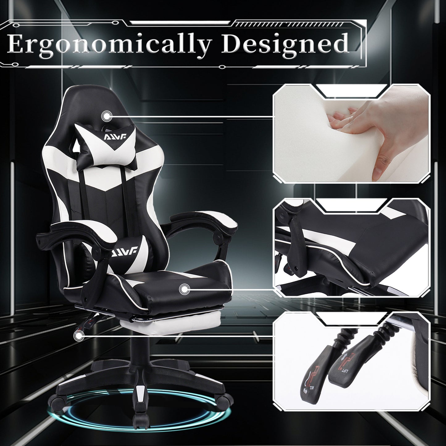 Gamingstoel – Gamestoel – Gaming Chair – Game Stoel – Bureaustoel – Ergonomisch Design – Verstelbare Lendensteun & Neksteun – Zwart-Wit
