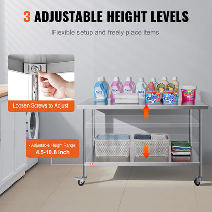 Roestvrijstalen Werktafel – Werkbank – Keukentafel – Voedselbereidingstafel – Cateringtafel – 30x60x38 Inch – 4 Wielen – 3 Verstelbare Hoogten