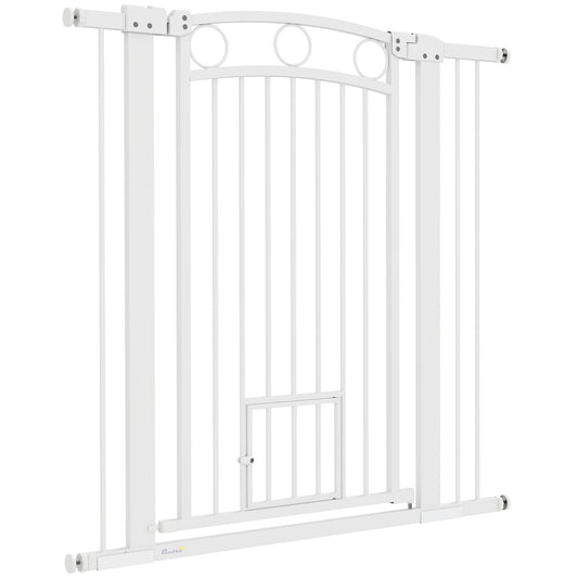 Huisdierslag – Hondenpoort – Babyhek – Traphek – Dierenhek – Wit – Verstelbare Breedte – Ingebouwd Kattenluik – 106 cm Hoog – Duurzaam PVC