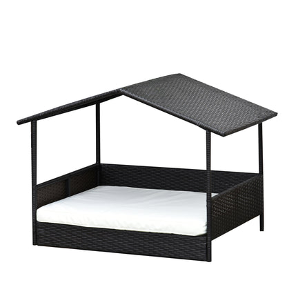 Hondenmand – Hondenkussen – Hondenbed – Donutmand – Ligbed – Weerbestendig PE-Rattan – Verhoogd Met Dak – Koffiebruin – 69x98x70 cm