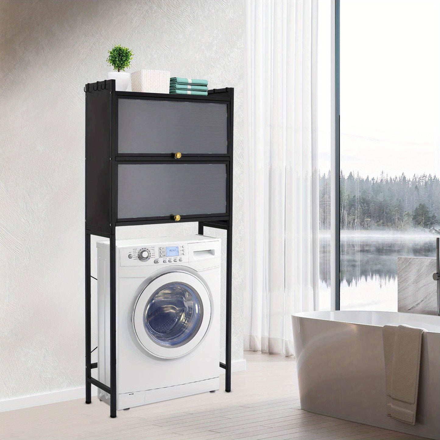 Wasmachine Kast – Wasruimte Kast – Opbergkast Wasmachine – Wasmachine Meubel – Vrijstaande Kast – Zwart Carbonstaal – 3 Planken & 6 Haken – 70x25x167 cm – Max. 50 kg Belastbaar