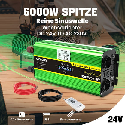 Omvormer – Spanningsomvormer – Stroomomzetter – Inverter – Converter – 3000W Continu Vermogen – Pure Sinusgolf Met LCD Display en Afstandsbediening