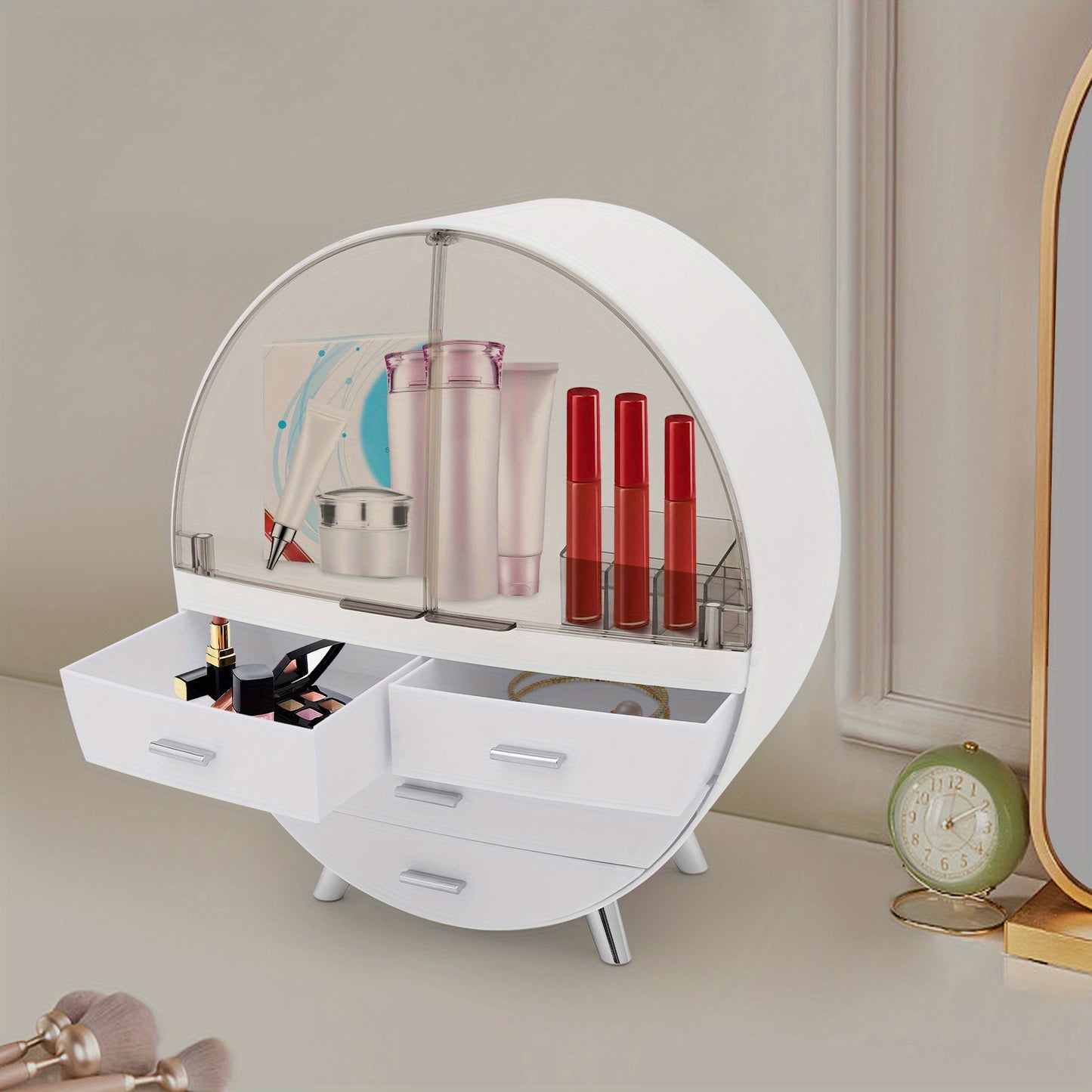 Cosmetica Organizer – Make-up Opberger – Beauty Organizer – Make-uptafel Organizer – Verzorgingsproducten Opbergdoos – 4 Lagen Met Lades – Duurzaam HIPS Materiaal – Modern Grijs-Wit Design