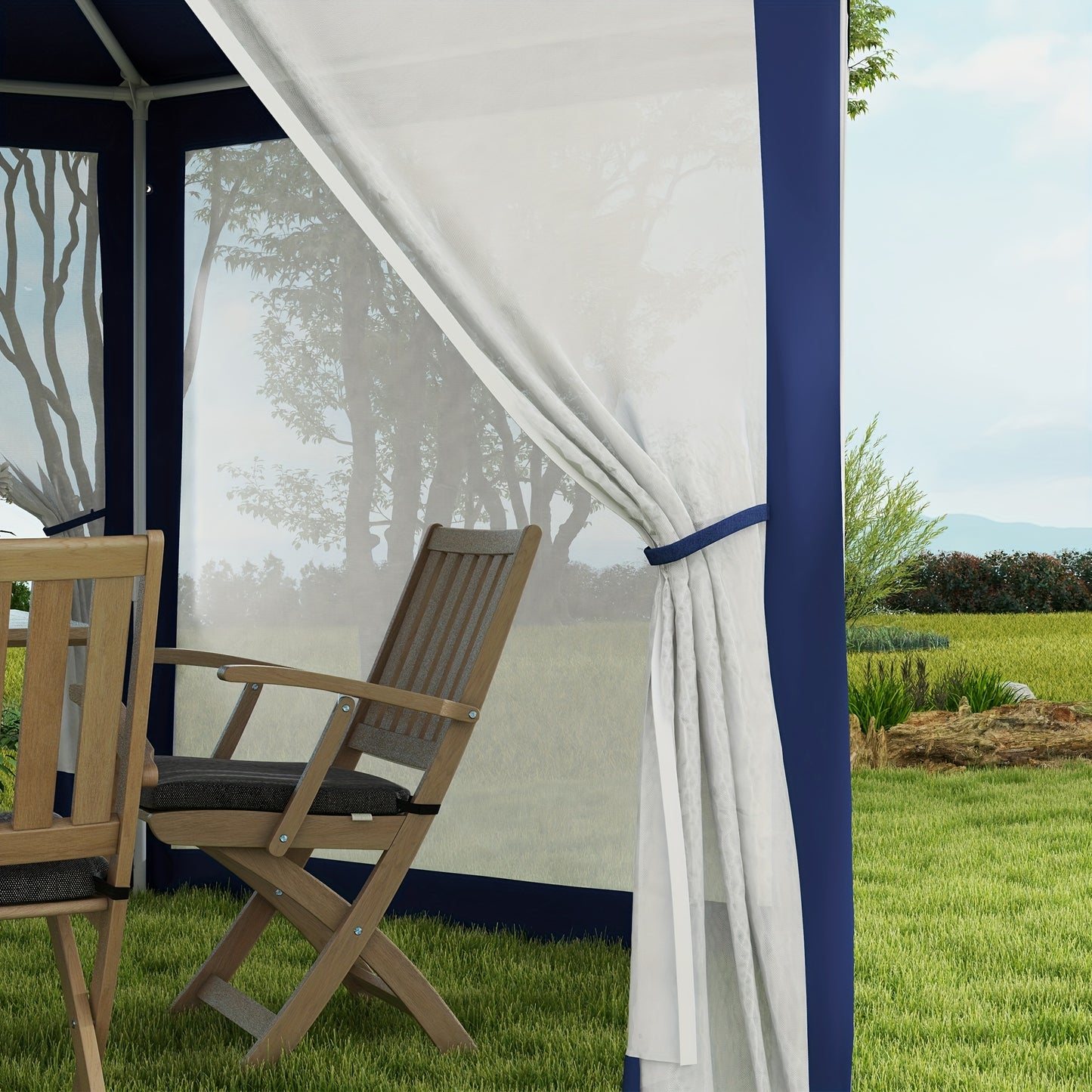 Partytent – Tuinpaviljoen – Feesttent – Camping Tent – Outdoor Gazebo – 4x3m – Hexagonaal – Waterafstotend – Muskietennet – Trekkoordsluiting – Blauw