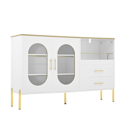 Modern White Sideboard with Golden Accents - Contemporary Metal Cabinet, 2 Drawers & Glass Doors Storage Unit, No Assembly Required for Living Room, Dining Room, Hallway - Elegant Home Decor Furniture, Versatile Cabinet, Slee