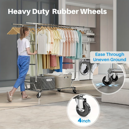 Heavy Duty Kledingrek – Kledinghanger – Kledinghouder – Kledingstandaard – Staand Rek – Verstelbaar Dubbel Stangontwerp – Max. 295 kg Draagkracht – Mobiel op Wielen – Zilverkleurig