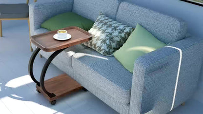 Bijzettafel – Sofa Tafel – Banktafeltje – Nachtkastje – Zijtafel – Vintage Design – Hout & Metaal – Wieltjes – Dubbel Plank – Walnoot – Geen Elektriciteit