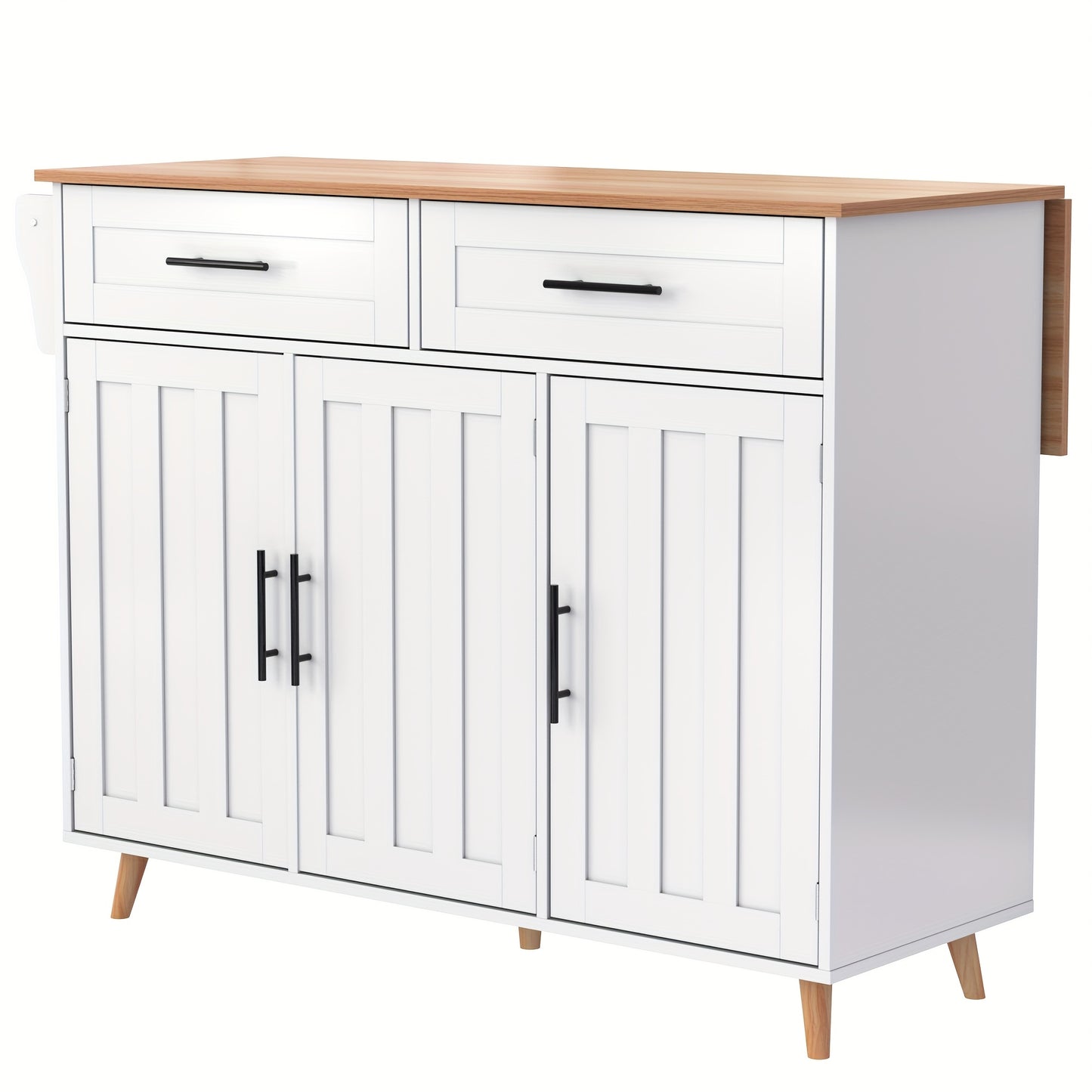 Keukentrolley – Serveerwagen – Keukenwagen – Opbergtrolley – Mobiele Kast – Wit – Massief Houten Werkblad – Verstelbare Voeten – 129x46 cm – Verrijdbaar Met Remmen