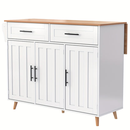 Keukentrolley – Serveerwagen – Keukenwagen – Opbergtrolley – Mobiele Kast – Wit – Massief Houten Werkblad – Verstelbare Voeten – 129x46 cm – Verrijdbaar Met Remmen