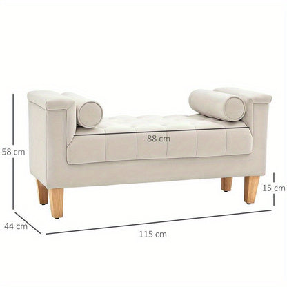 Gestoffeerde Bank – Zitbank – Opbergbank – Bankje – Padded Bench – Vintage Design – Chenille Bekleding – 115x44x58 cm – Inclusief 2 Kussens – Opbergruimte
