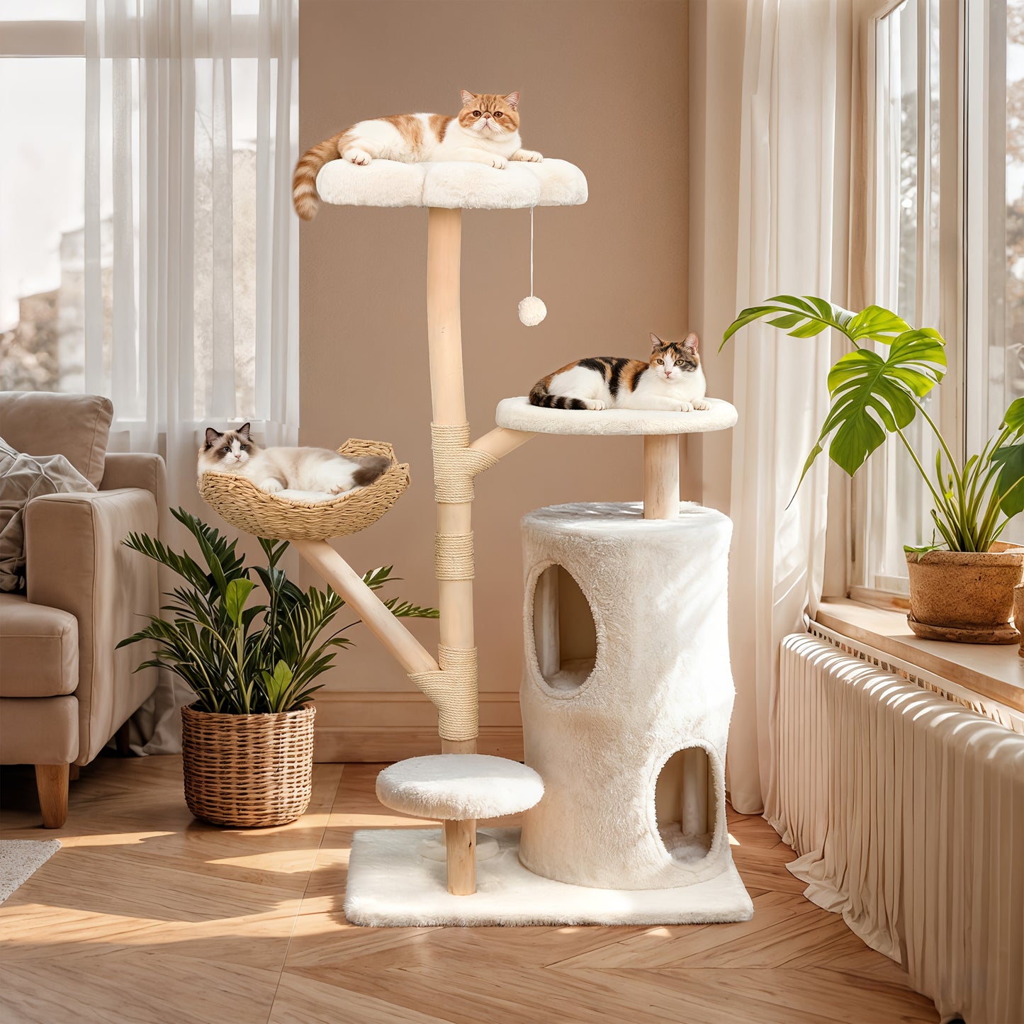 Kattenkrabpaal – Krabmeubel – Kattenboom – Krabtoren – Kattenhuis – 142 cm Hoog – Stevig Hout En Soft-Touch Textiel