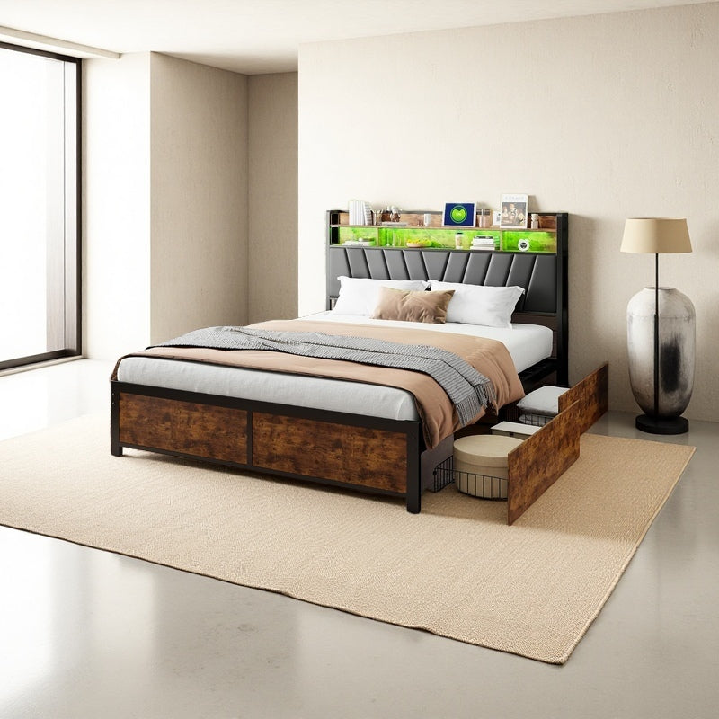 Bedframe – Bedbodem – Bedframe Met Laden – Bedombouw – Bed Met Opbergruimte – 180x200 cm – LED Verlichting Met USB Opladen – Zwart Met 4 Laden