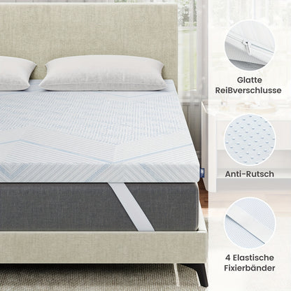 BedStory Gel Cold Foam Mattress Topper with Dual Firmness (H3&H2) - 7.5cm Cooling Gel & Supportive Layer, Breathable Washable Cover & 4 Elastic Straps, 6-8cm Height, Multiple Sizes (90x200cm to 180x200cm), Comfortable Sleep,