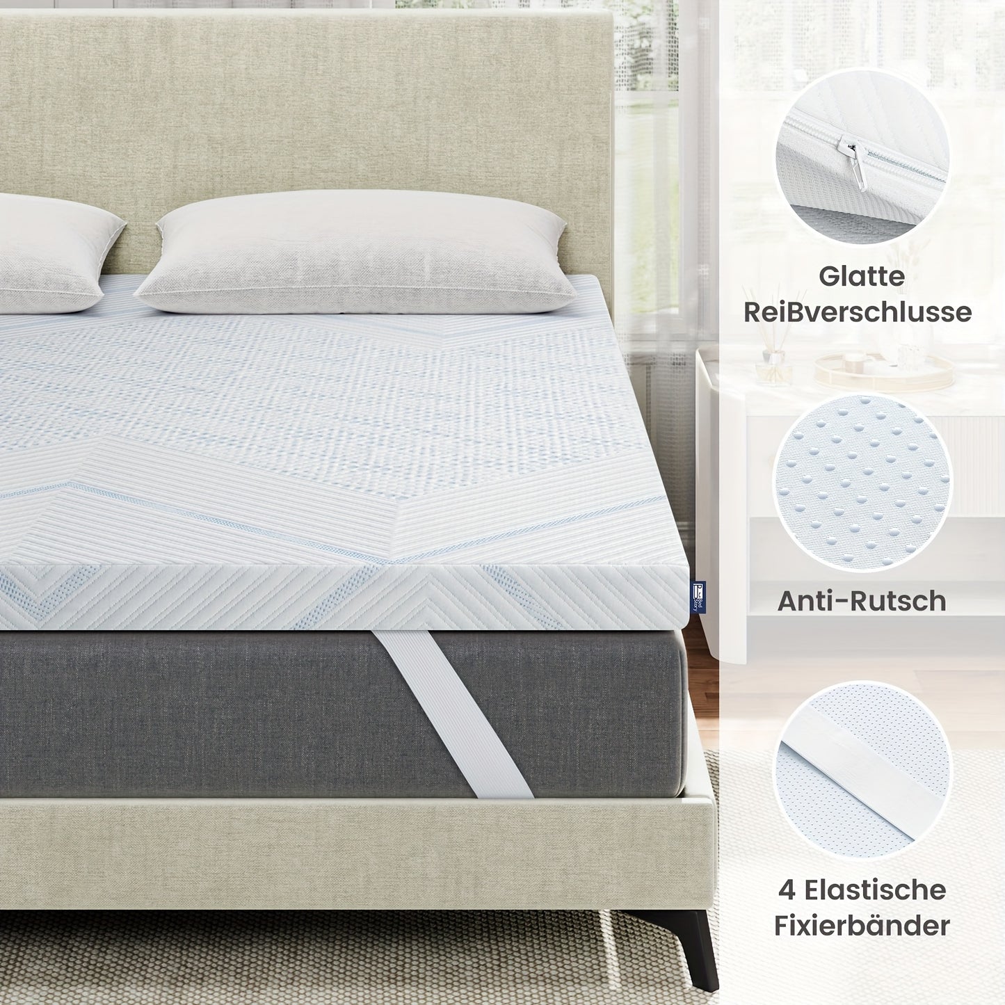 BedStory Gel Cold Foam Mattress Topper with Dual Firmness (H3&H2) - 7.5cm Cooling Gel & Supportive Layer, Breathable Washable Cover & 4 Elastic Straps, 6-8cm Height, Multiple Sizes (90x200cm to 180x200cm), Comfortable Sleep,