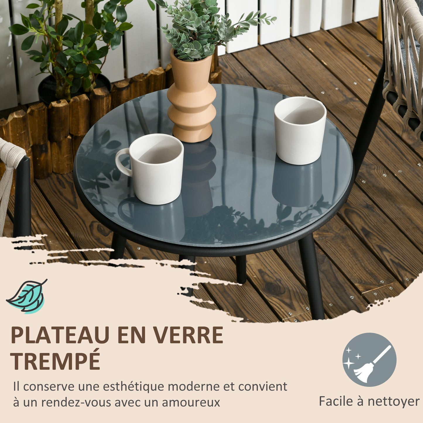 Tuinset – Bistroset – Balkonset – 2-Persoons Zitgroep – Loungeset – 2 Fauteuils Met Kussens – Rond Tafeltje Met Geharde Glasplaat – Weerbestendig Metalen Frame – Compact Ontwerp