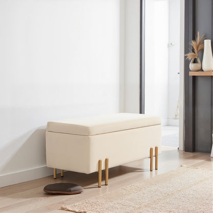 Opbergbank – Zitkist – Stoelkruk – Opbergbox – Ottomaanse Bank – Beige – 100x40x42 cm – Rubberhout Met Metalen Frame