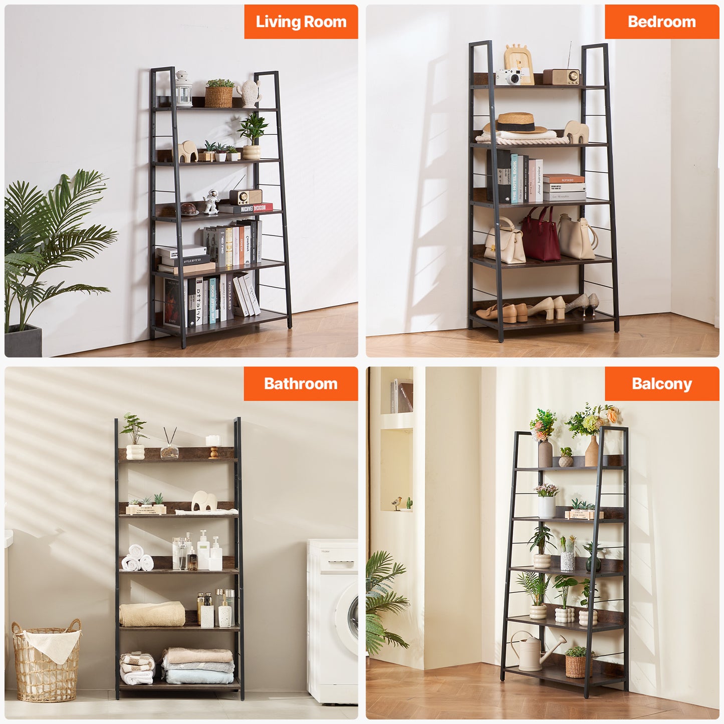 Metalen Boekenplank – Boekenkast – Plankenrek – Opbergkast – Display Rek – 5 Lagen – Stabiel Metalen Frame – Krasbestendige Bruine Afwerking