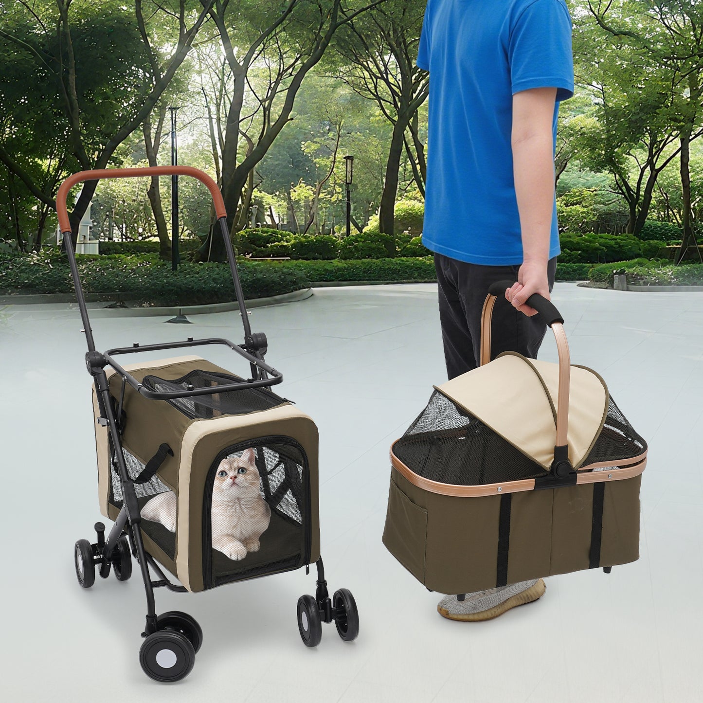 Dubbele Dierenwagen – Dierenwagen Tandem – Huisdierenwagen – Draagtas Huisdieren – Dubbele Dierenkar – Groen – 3-in-1 Afneembare Carriers – Stevig Metalen Frame & Oxford Stof