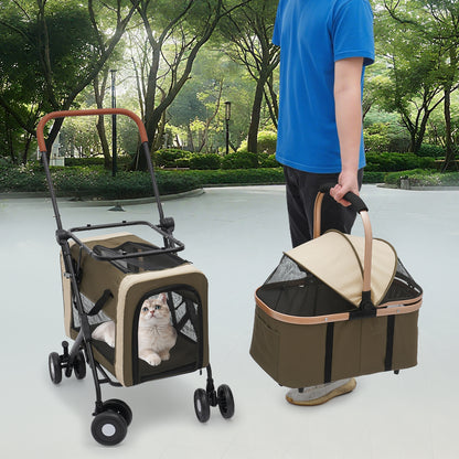 Dubbele Dierenwagen – Dierenwagen Tandem – Huisdierenwagen – Draagtas Huisdieren – Dubbele Dierenkar – Groen – 3-in-1 Afneembare Carriers – Stevig Metalen Frame & Oxford Stof