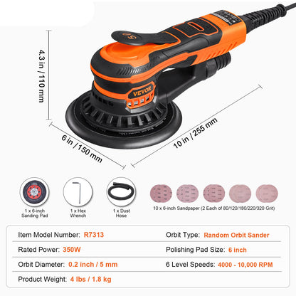 Schuurmachine – Multischuurmachine – Handpalmschuurmachine – Vlakschuurmachine – Excentrische Schuurmachine – 6 Inch – 350W Borstelloze Motor – 6 Snelheden Instelbaar