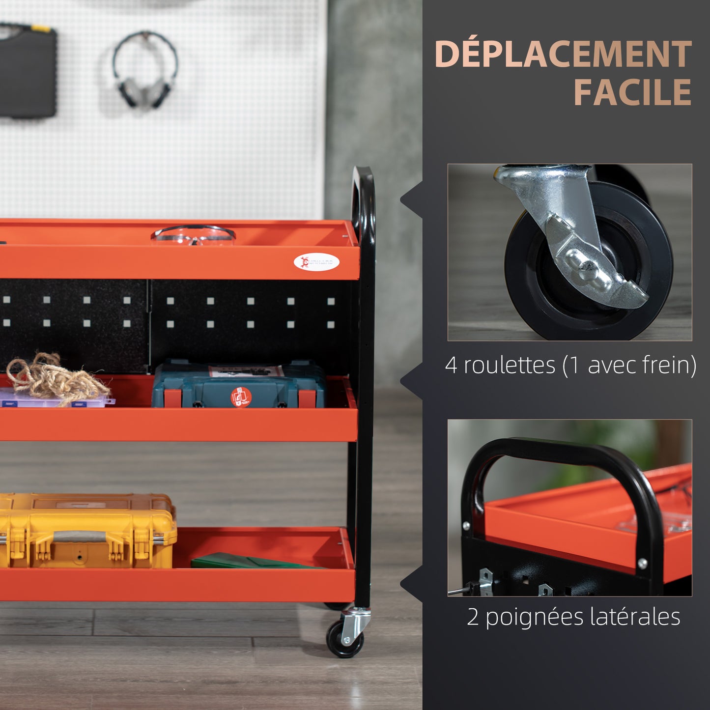 DURHAND Workshop Trolley Servant Trolley 3-Level Tool Cart with Shelves, Hanging Boards, Load Up to 100 Kg, Workshop Trolley for Garage, Warehouse, DIY Tools, Red
