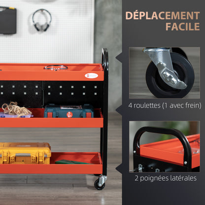 DURHAND Workshop Trolley Servant Trolley 3-Level Tool Cart with Shelves, Hanging Boards, Load Up to 100 Kg, Workshop Trolley for Garage, Warehouse, DIY Tools, Red